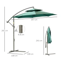 Outsunny 2.7m Banana Parasol Cantilever Umbrella with Crank Handle, Double Tier Canopy and Cross Base for Outdoor, Hanging Sun Shade, Green(m-3)