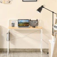 HOMCOM Bureau Informatique Table d'ordinateur Table d'étude 2 Pochettes Cadre en métal blanc dim. 98L x 46l x 98H cm Chêne Clair(m-4)