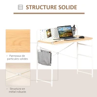 HOMCOM Bureau Informatique Table d'ordinateur Table d'étude 2 Pochettes Cadre en métal blanc dim. 98L x 46l x 98H cm Chêne Clair(m-6)