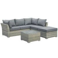 Outsunny 5-Seater Patio PE Rattan Corner Sofa Set, Outdoor Wicker Sectional Conversation Aluminum Frame Furniture Set w/ Padded Cushion, Tea Table with Ice Bucket, Light Grey(m-10)