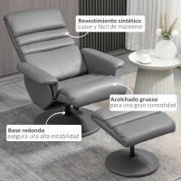HOMCOM Sillón de Salón con Otomana Reposapiés Tapizado en PU Sillón Relax Reclinable hasta 135° y Giratorio 360° con Respaldo Ajustable para Salón Dormitorio Oficina 80x84x100 cm Gris(m-6)