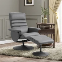 HOMCOM Sillón de Salón con Otomana Reposapiés Tapizado en PU Sillón Relax Reclinable hasta 135° y Giratorio 360° con Respaldo Ajustable para Salón Dormitorio Oficina 80x84x100 cm Gris(m-2)