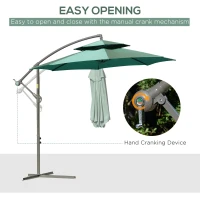 Outsunny 2.7m Banana Parasol Cantilever Umbrella with Crank Handle, Double Tier Canopy and Cross Base for Outdoor, Hanging Sun Shade, Green(m-7)