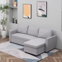 HOMCOM Ecksofa Stoffsofa Schlafsofa Sofabett Sofa mit Schlaffunktion Eckcouch Couchgarnitur mit Chaiselongue L-Form leinenartiges Polyester Schaumstoff PP-Kunststoff Grau 217 x 134 x 85 cm(m-2)