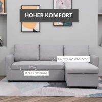 HOMCOM Ecksofa Stoffsofa Schlafsofa Sofabett Sofa mit Schlaffunktion Eckcouch Couchgarnitur mit Chaiselongue L-Form leinenartiges Polyester Schaumstoff PP-Kunststoff Grau 217 x 134 x 85 cm(m-6)