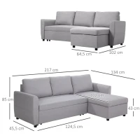 HOMCOM Ecksofa Stoffsofa Schlafsofa Sofabett Sofa mit Schlaffunktion Eckcouch Couchgarnitur mit Chaiselongue L-Form leinenartiges Polyester Schaumstoff PP-Kunststoff Grau 217 x 134 x 85 cm(m-3)