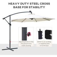 Outsunny Umbrella Parasol W/Solar Powered LED strips, Φ2.95x2.45H m-Cream(m-6)