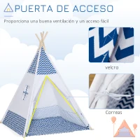 HOMCOM Tienda de Campaña para Niños de +3 Años Tipi Infantil de Madera Portátil con Ventana Colchoneta y Bolsa de Transporte para Interiores y Exteriores 120x120x155 cm Azul(m-4)