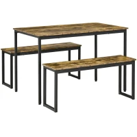 HOMCOM Küchentisch-Set Industriell Esstisch mit 2 Bänken Essgruppe Esstisch Set für Wohnzimmer Metall Rustikales Braun 114 x 71 x 75 cm(m-1)
