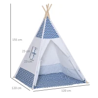 HOMCOM Tienda de Campaña para Niños de +3 Años Tipi Infantil de Madera Portátil con Ventana Colchoneta y Bolsa de Transporte para Interiores y Exteriores 120x120x155 cm Azul(m-3)