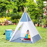 HOMCOM Tienda de Campaña para Niños de +3 Años Tipi Infantil de Madera Portátil con Ventana Colchoneta y Bolsa de Transporte para Interiores y Exteriores 120x120x155 cm Azul(m-10)