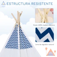 HOMCOM Tienda de Campaña para Niños de +3 Años Tipi Infantil de Madera Portátil con Ventana Colchoneta y Bolsa de Transporte para Interiores y Exteriores 120x120x155 cm Azul(m-6)