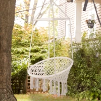 Outsunny Hammock Macrame Swing Chair Hanging Seat Rope Tassels Indoor Outdoor Garden Solid Knitted Woven Net Seat Deck Porch Yard Beige(m-10)