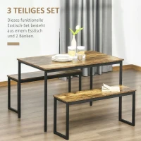 HOMCOM Küchentisch-Set Industriell Esstisch mit 2 Bänken Essgruppe Esstisch Set für Wohnzimmer Metall Rustikales Braun 114 x 71 x 75 cm(m-4)