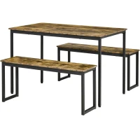 HOMCOM Küchentisch-Set Industriell Esstisch mit 2 Bänken Essgruppe Esstisch Set für Wohnzimmer Metall Rustikales Braun 114 x 71 x 75 cm(m-11)