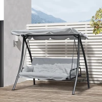Balansoar de Gradina Outsunny 3 Locuri cu Acoperis Rabatabil Convertibil Pat Poliester Crem 209 cm x 114 cm x 170 cm(m-10)