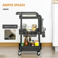 HOMCOM Carucior de depozitare din metal rulant cu 3 niveluri, carucior de serviciu utilitar cu placi din otel DIY, negru(m-4)