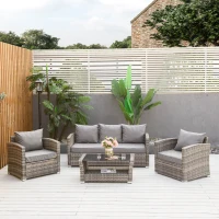 Outsunny Set de canapele din ratan PE pentru terasa, cu 4 piese, cu perne si masuta de cafea cu doua niveluri, cu blat din sticla securizata, Gri(m-2)