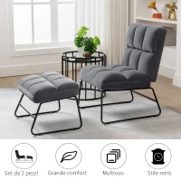 Fotoliu Relax cu Suport pentru picioare HOMCOM pentru Interior, Set 2 Piese din Tesatura cu Efect de Catifea, Spuma de Cauciuc si Metal, Gri(m-4)