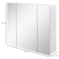 kleankin Dulapior Baie cu 3 Usi cu Oglinda, Dulapior Suspendat Baie din lemn Alb, Etajere Interioare Reglabile, 70x15x60cm(m-3)