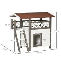 Adapost in aer liber pentru pisici PawHut, adapost cu 2 etaje pentru pisici salbatice, apartament din lemn pentru pisici cu acoperis asfaltat, scari, balcon, 30"x20"x29", alb(m-3)