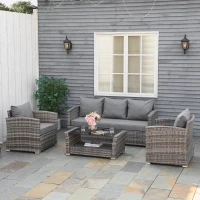 Outsunny Set de canapele din ratan PE pentru terasa, cu 4 piese, cu perne si masuta de cafea cu doua niveluri, cu blat din sticla securizata, Gri(m-10)