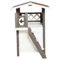 Adapost in aer liber pentru pisici PawHut, adapost cu 2 etaje pentru pisici salbatice, apartament din lemn pentru pisici cu acoperis asfaltat, scari, balcon, 30"x20"x29", alb(m-7)