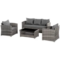 Outsunny Set de canapele din ratan PE pentru terasa, cu 4 piese, cu perne si masuta de cafea cu doua niveluri, cu blat din sticla securizata, Gri(m-11)