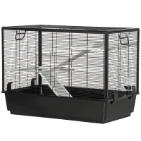 PawHut Gaiola Pequena para Roedores 80x48x58cm Gaiola para Hamster com 2 Portas 2 Rampas 2 Plataformas Comedouro e 2 Alças Portátil Preto(m-10)