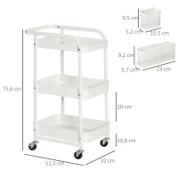 HOMCOM Carrinho de Cozinha com Rodas Carrinho de Armazenamento de 3 Níveis com 4 Ganchos 2 Cestas Alça de Transporte e Rodas com Freio para Casa de Banho Escritório Dormitório 51,5x32x75,6cm Branco(m-3)