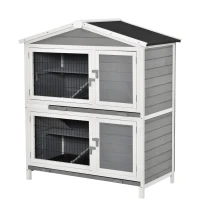 PawHut klatka dla królika dwupoziomowa klatka dla królika z rampą lite drewno kolor jasnoszary 147 x 45,5 x 88,5 cm(m-8)