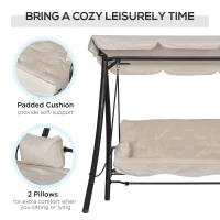 Leagan de gradina cu 3 locuri Outsunny cu acoperis inclinabil convertibil Pat poliester crem 209 x 114 x 170 cm(m-8)