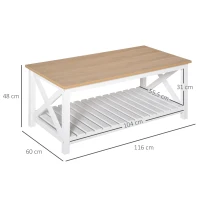 HOMCOM Mesa de Centro para Sala de Estar Mesa de Café com Prateleira de Armazenamento Inferior 116x60x48cm Madeira Natural e Branco(m-3)