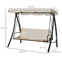 Leagan de gradina cu 3 locuri Outsunny cu acoperis inclinabil convertibil Pat poliester crem 209 x 114 x 170 cm(m-3)