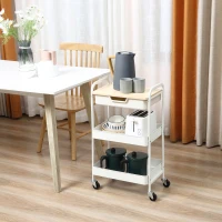 HOMCOM Carrinho de Cozinha com Rodas Carrinho de Armazenamento com Gaveta 2 Prateleiras e Rodas com Freios para Casa de Banho Sala de Estar Dormitório 43,9x30,5x75,6cm Branco e Madeira Natural(m-2)