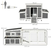 PawHut Galinheiro de Madeira para Exterior 225x147x85,5cm Gaiola para 6-8 Galinhas com Cerca de Metal Teto e Janela Rebatível 2 Ninhos Bandeja Removível e Rampa Cinza e Branco(m-3)