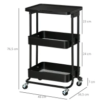 HOMCOM Carrinho de Cozinha com Rodas Carrinho de Armazenamento de 3 Níveis e Rodas com Freio para Sala de Estar Dormitório Escritório 46x34,5x76,5cm Preto(m-3)