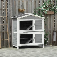 PawHut klatka dla królika dwupoziomowa klatka dla królika z rampą lite drewno kolor jasnoszary 147 x 45,5 x 88,5 cm(m-7)