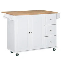 HOMCOM Carrinho de Cozinha com Rodas Carrinho de Cozinha com Bancada Rebatível 3 Gavetas 1 Armário com Prateleira Interior Ajustável e Suporte para Temperos 128,8x75,5x92,5cm Branco e Natural(m-10)