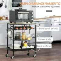 HOMCOM Carrinho de Cozinha com Rodas Carrinho de Cozinha Multiuso com Suporte para Garrafas Cesta Removível e 4 Ganchos para Sala de Jantar Sala de Estar 60,5x35,5x75cm Preto e Carvalho(m-4)