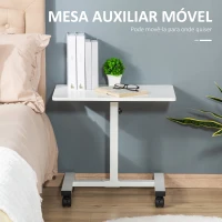 HOMCOM Mesa Auxiliar com Rodas Mesa Lateral para Sofá ou Cama com Altura Ajustável Estrutura de Metal e Freios para Dormitório Sala de Estar 60x40x52,5-84cm Branco(m-4)