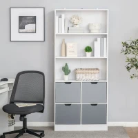 HOMCOM Estante de Livros com 4 Gavetas 3 Prateleiras de Armazenamento e Prateleira Ajustável Móvel Organizador para Escritório Sala de Estar Estúdio 76x30x173cm Branco e Cinza(m-10)