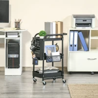 HOMCOM Carrinho de Cozinha com Rodas Carrinho de Armazenamento de 3 Níveis com 4 Ganchos 2 Cestas Alça de Transporte e Rodas com Freio para Casa de Banho Escritório Dormitório 51,5x32x75,6cm Preto(m-2)