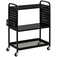 HOMCOM Carrinho de Cozinha com Rodas Carrinho de Armazenamento de 3 Níveis com 5 Ganchos 2 Cestas Alça de Transporte e Rodas com Freio para Casa de Banho Escritório Dormitório 70x33,4x80,5cm Preto(m-1)