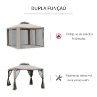 Outsunny Pérgola de Jardim 3x3m Pérgola de Exterior com Duplo Teto de Ventilação 8 Orifícios de Drenagem e 4 Telas Mosquiteiras com Fecho de Correr para Festas Pátio Marrom Cáqui(m-4)