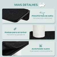 PawHut Árvore para Gatos de Parede com 3 Plataformas Almofada Removível e 2 Postes de Arranhar de Juta Torre para Escalar 63x28x93,5cm Preto e Bege(m-5)