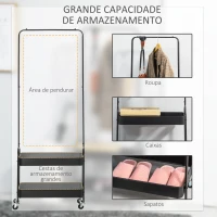 HOMCOM Charriot com Sapateiro Charriot com Rodas Barra de Pendurar e 2 Cestos para Entrada Dormitório Sala de Estar 56,5x31,5x152,5cm Preto(m-6)