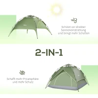 Outsunny Doppelzelt Campingzelt Outdoorzelt Familienzelt Quick-Up-Zelt 2 Erwachsene + 1 Kind 4 Jahreszeiten wasserdicht Tragetasche 2 Türen Polyester + Glasfaser Dunkelgrün 210 x 210 x 140 cm(m-5)