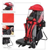 HOMCOM Mochila Porta Bebés Dobrável Mochila Porta Bebés Ergonómica com Capa Impermeável Base de Suporte e Múltiplos Bolsos para 6-36 Meses Carga Máxima 15kg 38x77x87,5cm Vermelho(m-7)