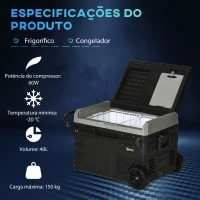 Outsunny Geleira Elétrica de Compressor Portátil 40L Geleira de Carro CC 12V/24V até -20℃ com Ecrã LED Tátil Alça Retrátil e Rodas 71,1x46x44 cm Preto(m-4)